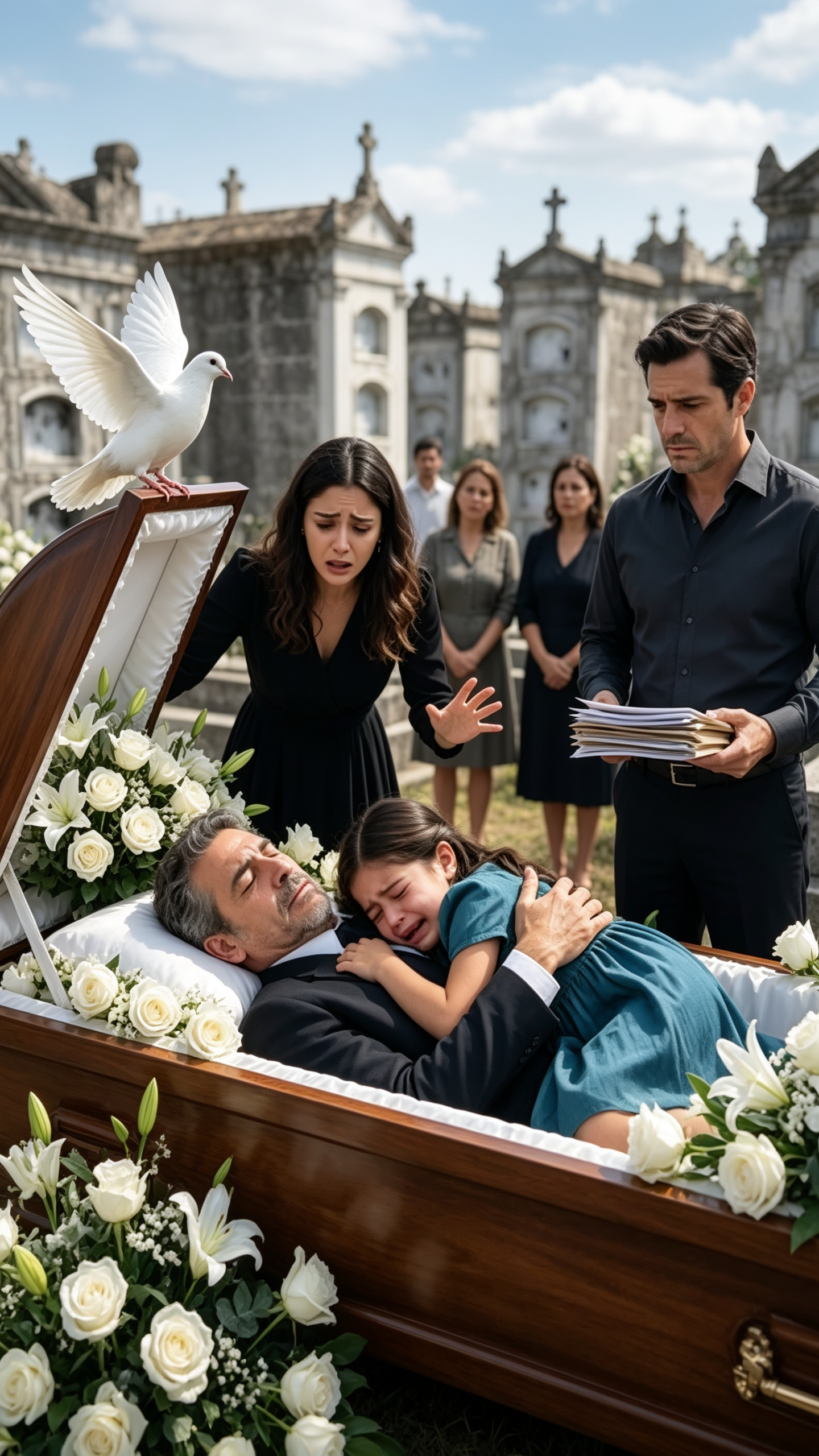 The little girl hugged her father's coffin, but a white dove revealed the secret her uncle wanted to bury.